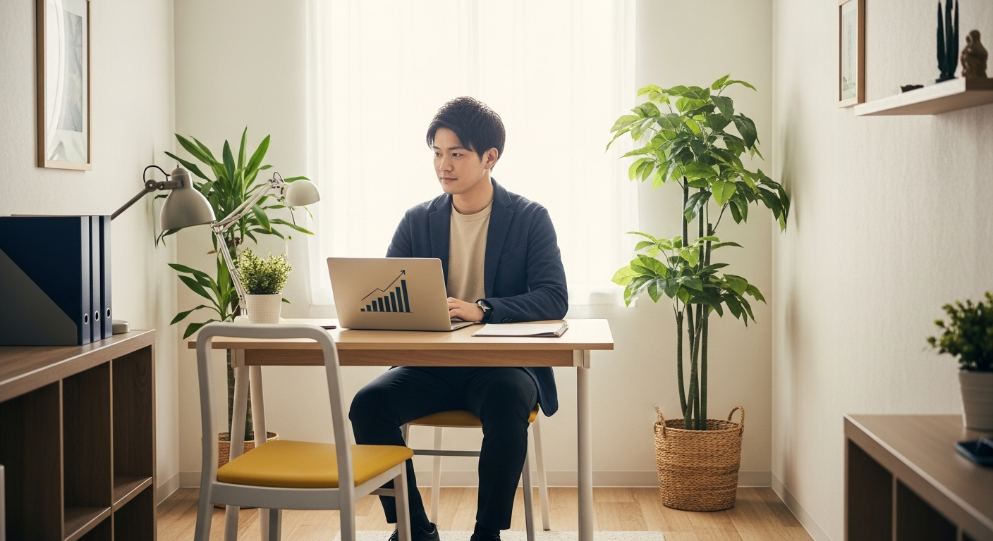 小さなオフィスでノートパソコンの成長グラフを見つめるスタートアップ経営者の写真。